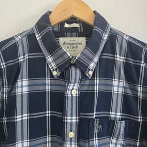 Abercrombie & Fitch Mens Plaid Long Sleeve Shirt XL Moose Logo Embroidered Navy